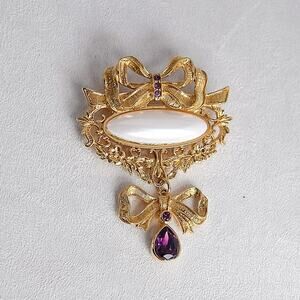 Avon Bow Brooch Vintage Gold-Tone Faux Pearl Purple CZ Statement